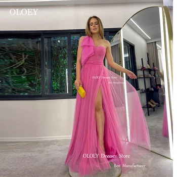 Рокли за бала от розов тюл трапецовидна форма OLOEY, арабски дамски официални рокли с цепка на раменете и лък, вечерна рокля Vestido de fiesta