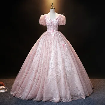 GUXQD Елегантна Розова Бална рокля Дамски официални Рокли С V-образно деколте И Апликации За Бала Вечерни Рокли, Официално Vestido De Noche Abendkleider