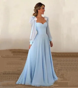 Светло синя рокля за абитуриентски бал с дълги ръкави трапецовидна форма, стерео цветя, апликации, пера, секси вечерна рокля, рокля за сватбени партита