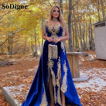 Вечерни рокли SoDigne Марокански Кафтан Златни апликации от Дантела кралско синьо кадифе Русалка Арабски и Дълги рокли за абитуриентски бал Вечерна рокля