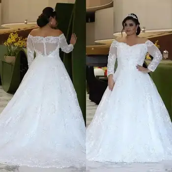 Дантелени сватбени рокли големи размери, с отворени рамене, прозрачни сватбени рокли с дълги ръкави, Иллюзионный панделка отзад, Vestido De Новия