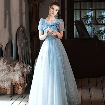 LAMYA Princess Blue, празнична рокля трапецовидна форма, Елегантен колан от мъниста с къс ръкав, вечерна рокля с лък, рокли за абитуриентски бал