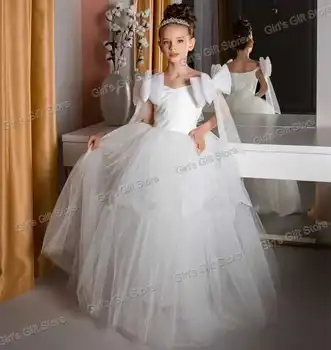 Рокля с цветя модел за момичета на сватба, с открити рамене, за бала, елегантни рокли за момичета с големи панделки, рокли на принцеси за момичета