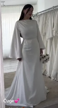 Прости бели сватбени рокли за жени с дълги ръкави от мека сатен Сватбени рокли Vestidos De Boda 2023