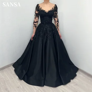 Черно дантелено рокля Sansa от тюл с бродерия на мъниста, Елегантна вечерна рокля с V-образно деколте, vestidos de fiesta, с дълъг влак, с отворени ръкави, Вечерна рокля