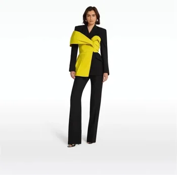 Черни дамски костюми, Комплект панталон, Офис дамско яке + панталон, рокля за абитуриентски бал, Сватба Смокинг, палта на поръчка с жълта каишка