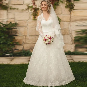 Винтажное дантелено сватбена рокля с дълги ръкави и копчета, заключващи отзад, 2019 Булчинска рокля с V-образно деколте по цялата дължина, Vestido De Новия
