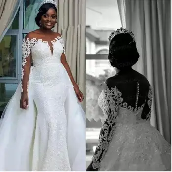 Очарователно Сватбена рокля на Русалка с кружевными апликации и горната пола с дълги ръкави в Африканския стил 2024