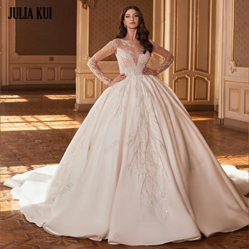 Porfirio Kui Изящни апликации от мъниста, дантелено бална рокля с кръгло деколте и дълъг ръкав на сватбена рокля с влак копчета за булки