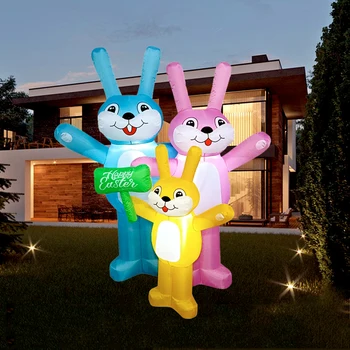 Семейство от три надуваеми Великденски зайци украса Led светлини Надуваеми играчки Великден кукла в двора на открито подарък