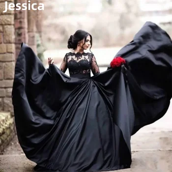 Сватбена рокля на Джесика в готически стил, дантелени рокли за бала с бродерия, Черни вечерни рокли, атласное вечерна рокля А-образна форма 2024, вечерни халати