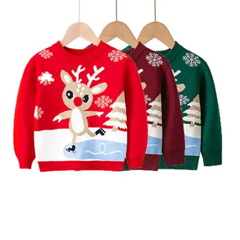 Вълнен пуловер за момчета, вязаный на една кука, памучно плетиво, Коледа с елени, здраво кадифе, есенни и зимни ученически върхове, топло детски дрехи