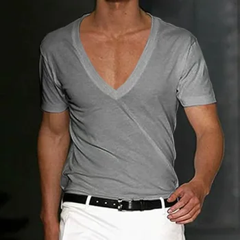B8686 Мъжка тениска, Шорти, блузи с дълбоко V-образно деколте, обикновена тениска оверсайз, мъжки градинска дрехи, Свободни, пуловери, тениски, Пролет