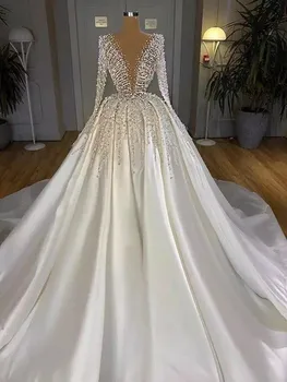 Прекрасни Блестящи перли, Перли с Прозрачна Топка Сватбена рокля Vestido De Casamento Illusion С дълги ръкави Атласное сватбена рокля
