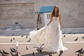 Плажни сватбени рокли Трапецовидна форма с мъниста, дантела и 3D флорални апликации, богемные сватбени рокли без гръб, сватбени и шаферски рокли в стил Бохо, Vestidos De Новия