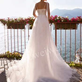 Lovewewei Тюлевые лъскави сватбени рокли с дълбоко деколте и бретельками в стил бохо Vestidos De Новия