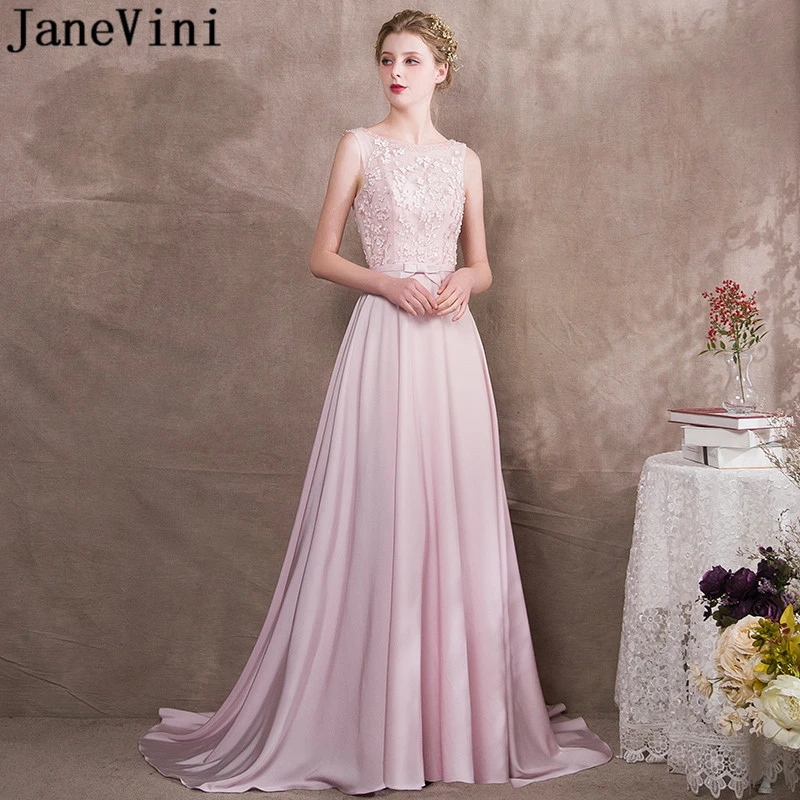 JaneVini Елегантни светло розови рокли за бала, по-големи размери, 2019, О-образно деколте, във Цветя, ръчно изработени, Атласное рокля за бала трапецовидна форма с отворен гръб, жена